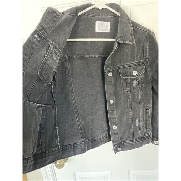 Zara Kids Black Denim Jacket Size 11/12 Distressed Look Cotton Button Closure - Picture 8 of 8